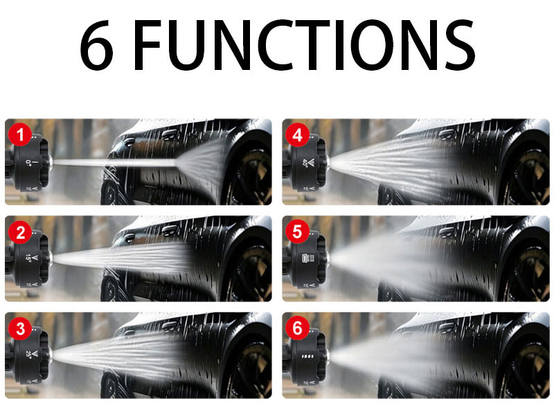 Cordless portable high‑pressure car wash gun with 6 different spray jet nozzle modes, multi‑functional water patterns for car washing and outdoor cleaning